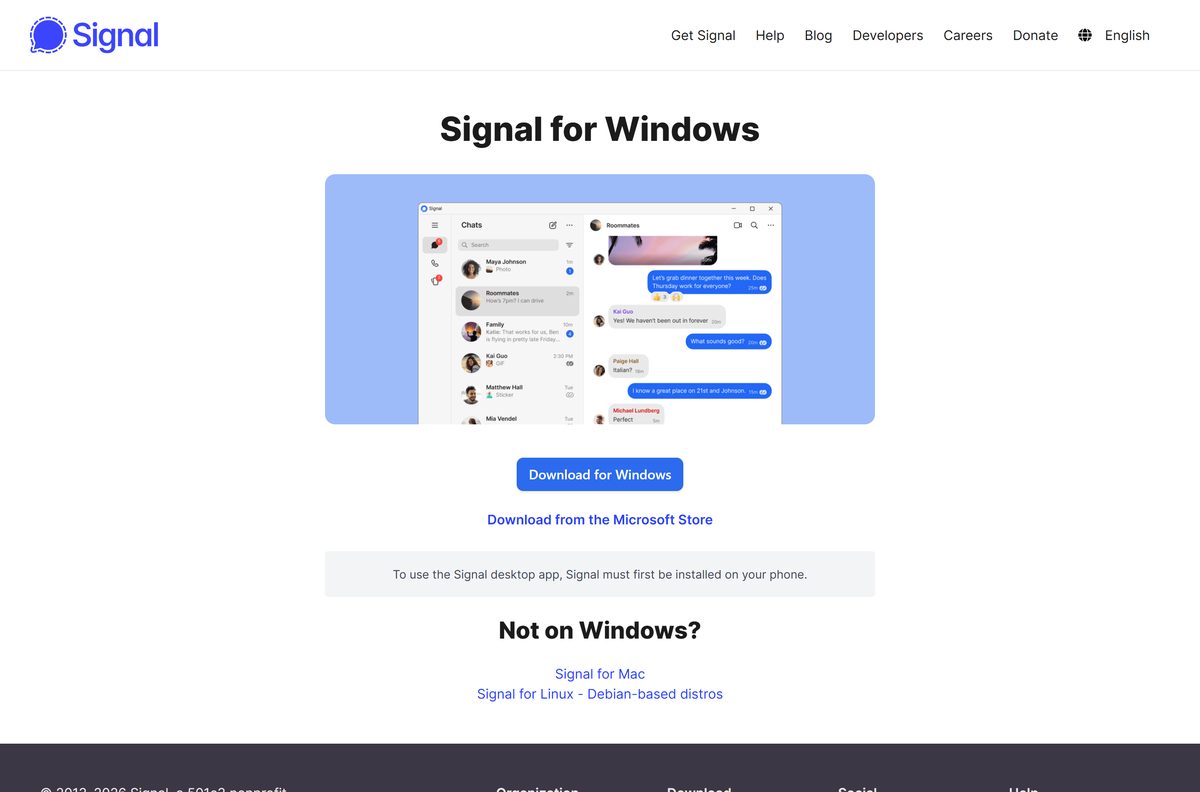 Signal for Windows page with download and Microsoft Store buttons