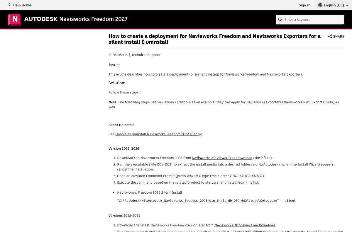 Autodesk deployment article showing the silent install command