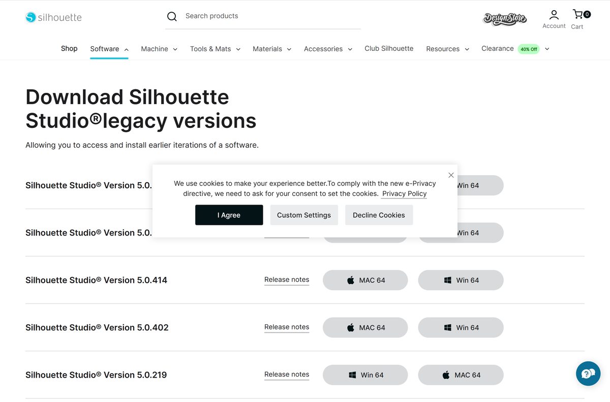 Legacy versions page listing earlier Silhouette Studio builds for Windows and Mac