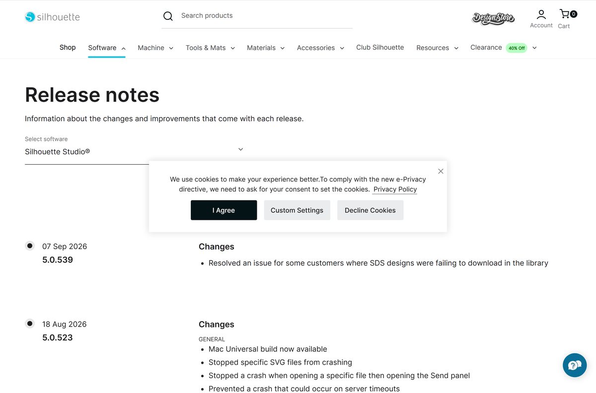 Silhouette Studio release notes listing changes in each version