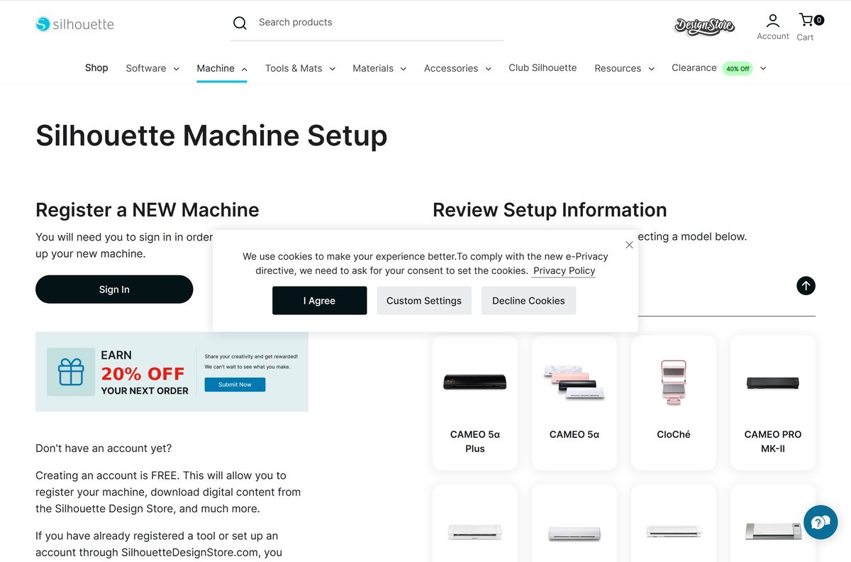 Machine setup page for registering a cutter with Silhouette Studio