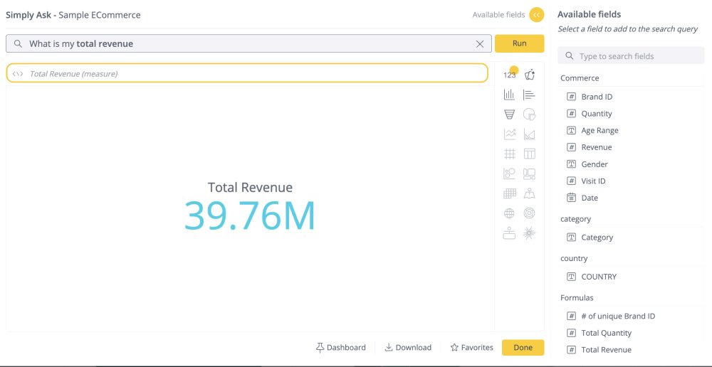 Simply Ask panel answering total revenue question with a large number
