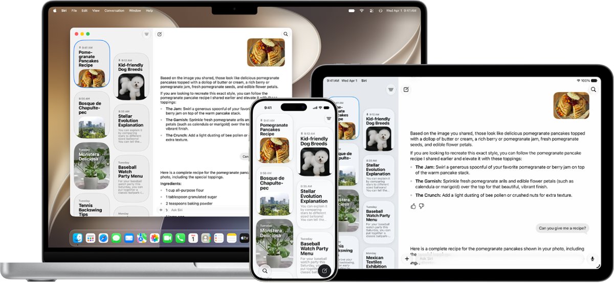 Siri app conversation list shown on iPhone, iPad and Mac