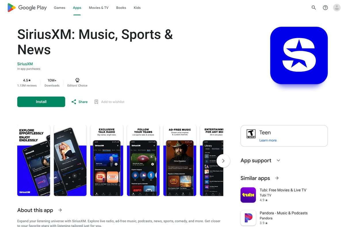 Google Play page for SiriusXM with its rating and install button