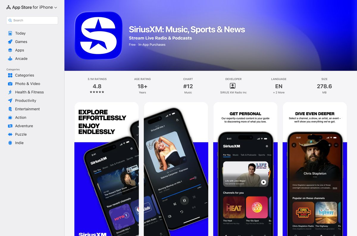 App Store page for SiriusXM showing size and supported devices
