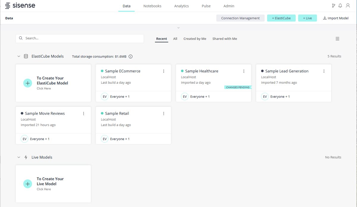 Sisense Data page listing ElastiCube models including Sample ECommerce and Healthcare