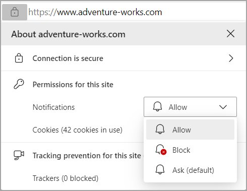 Site permissions panel with a Notifications Allow, Block, Ask dropdown open