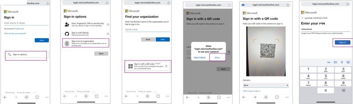 Six phone screens showing Microsoft sign-in with a QR code flow
