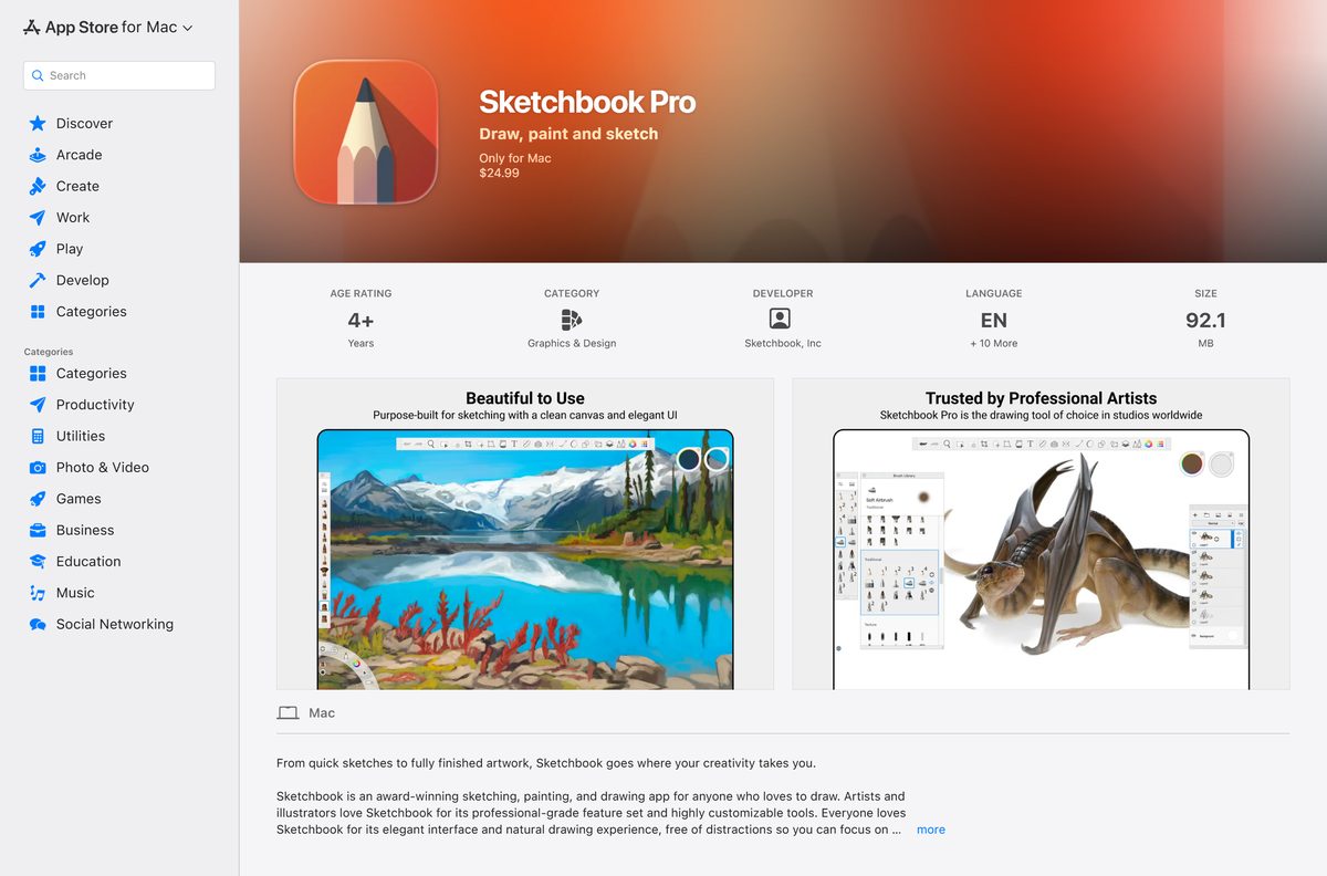 Mac App Store listing for Sketchbook Pro with price and size