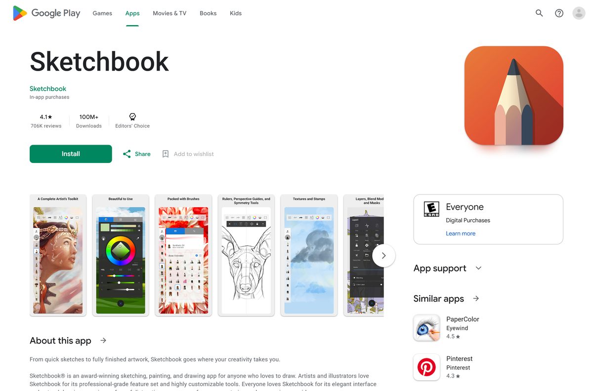 Google Play listing for Sketchbook with rating and downloads