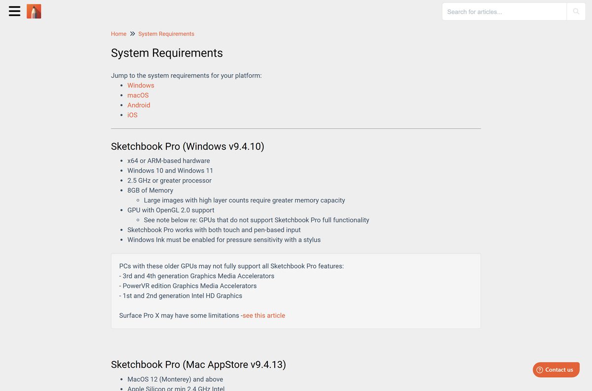 Sketchbook help page listing Windows and macOS requirements
