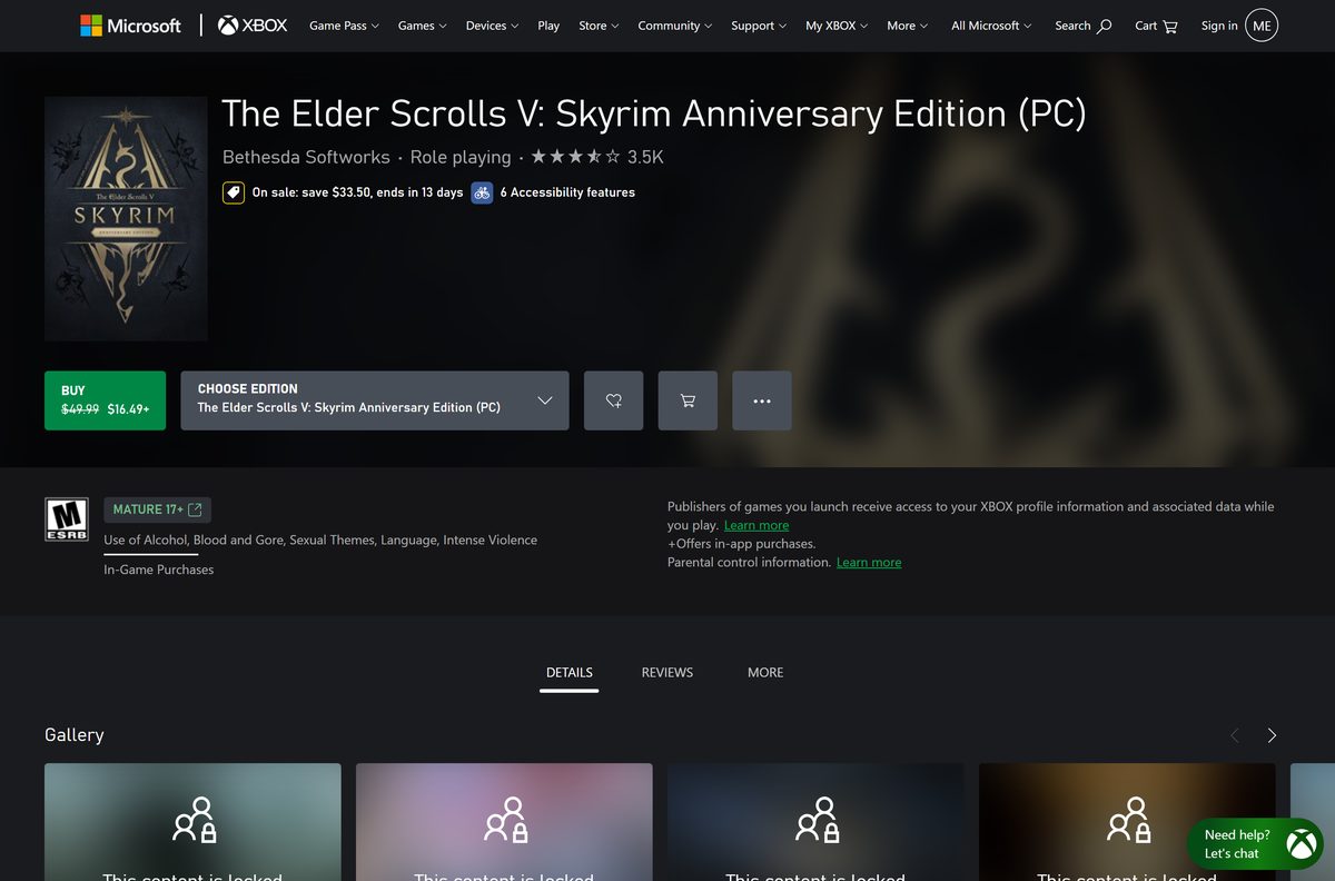 Xbox store page for Skyrim Anniversary Edition PC and its included content