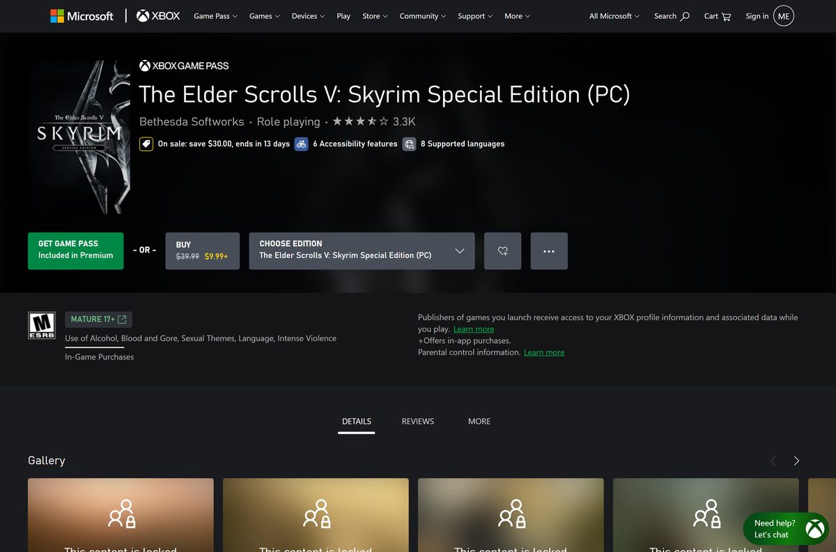 Xbox store page for Skyrim Special Edition PC with Game Pass option