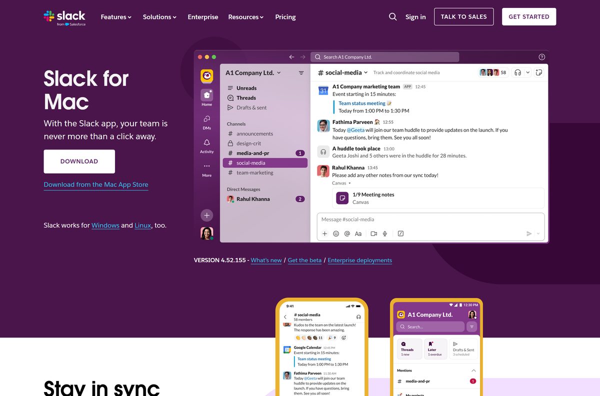 Slack for Mac page with the Download and App Store buttons