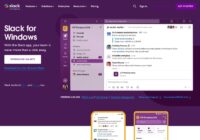 Slack for Windows download page with a 64-bit download button and app preview