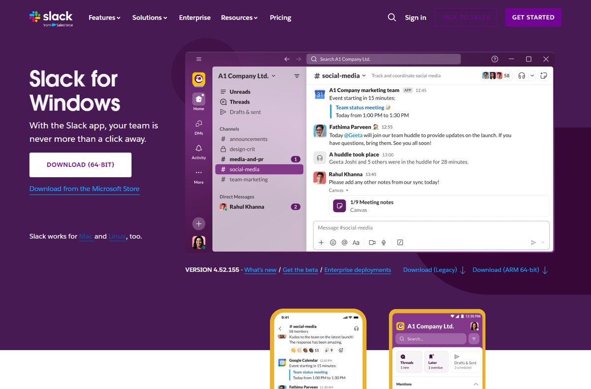 Slack for Windows download page with a 64-bit download button and app preview