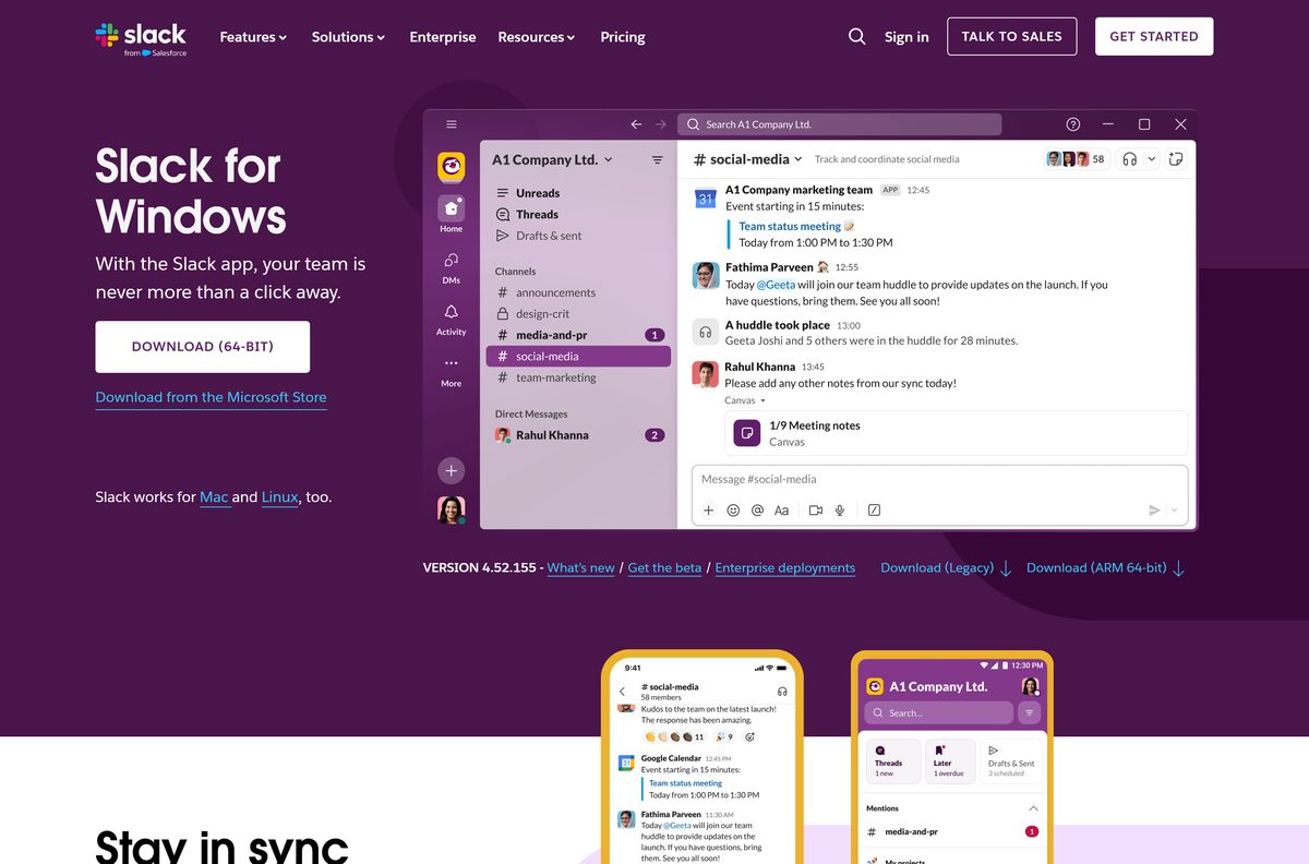 Slack for Windows page with 64-bit, Legacy and ARM buttons