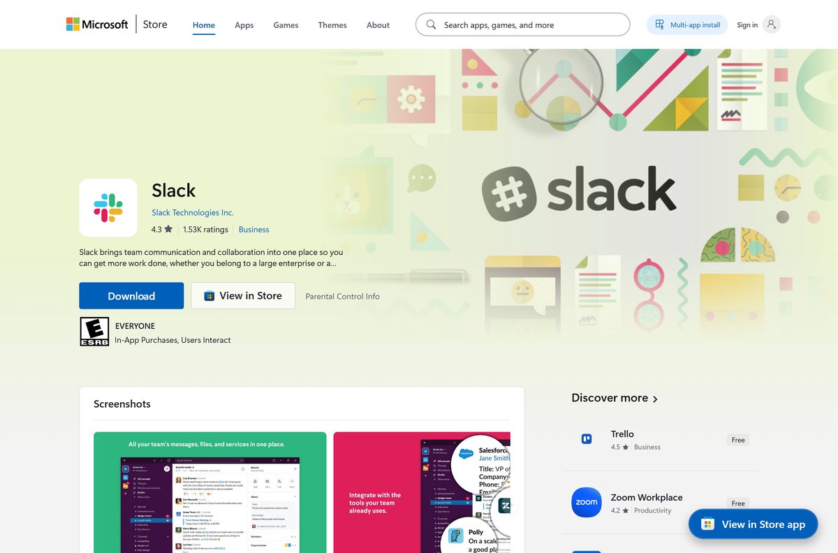 Microsoft Store listing for Slack with its publisher and Get button