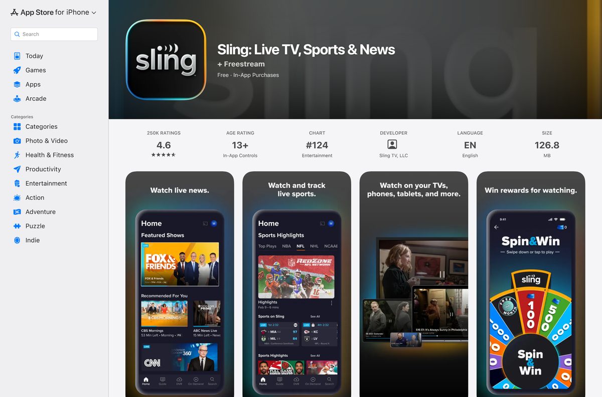 App Store page for Sling TV showing size and device compatibility