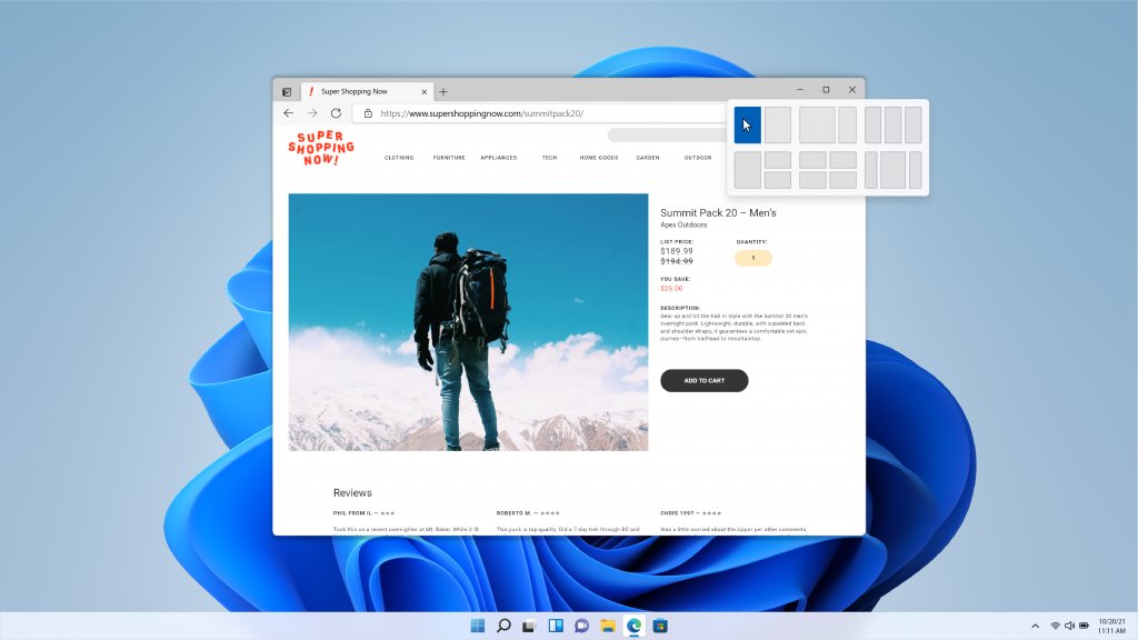 Snap Layouts flyout appearing above a maximize button in Windows 11