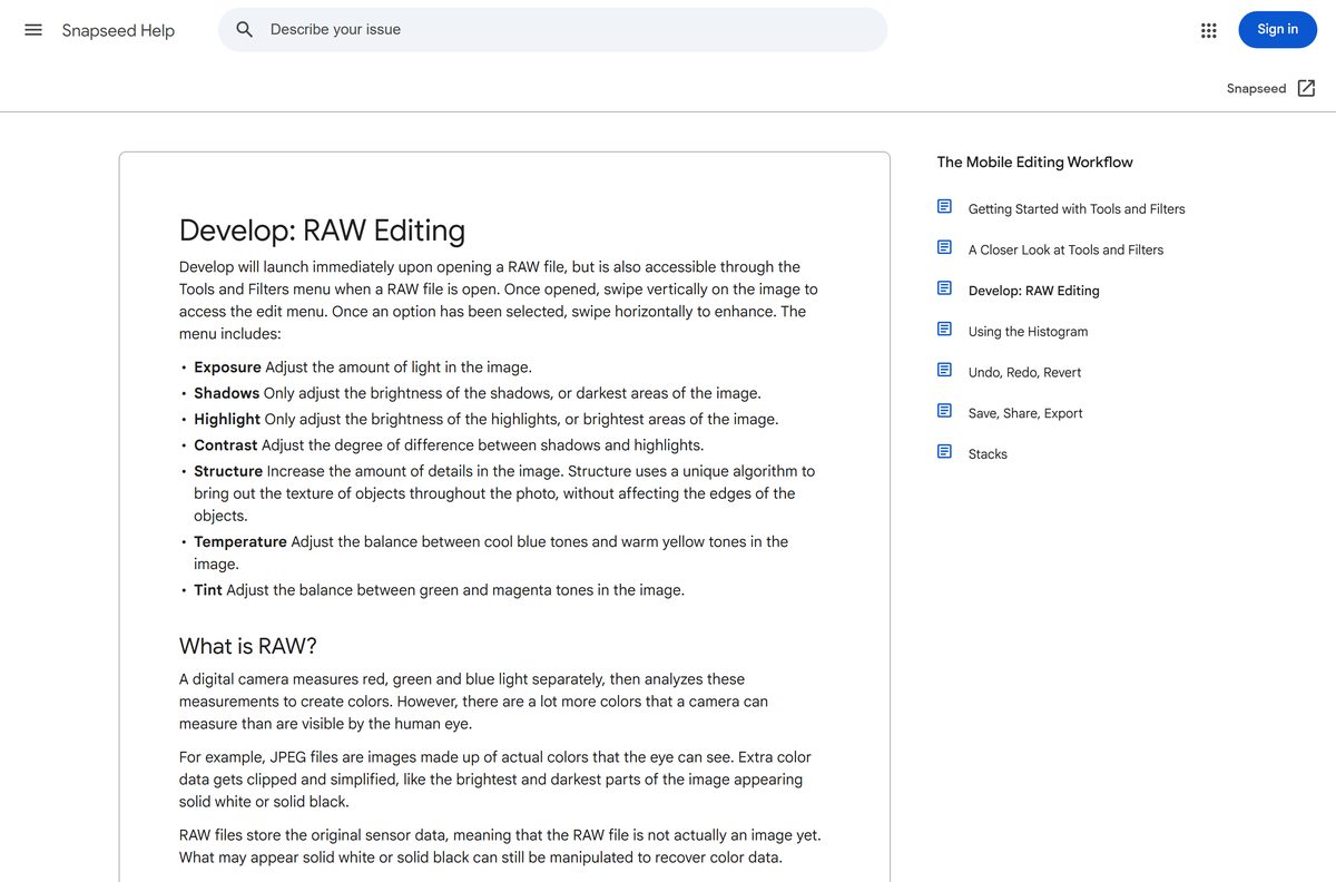 Snapseed help page explaining the Develop tool for RAW files