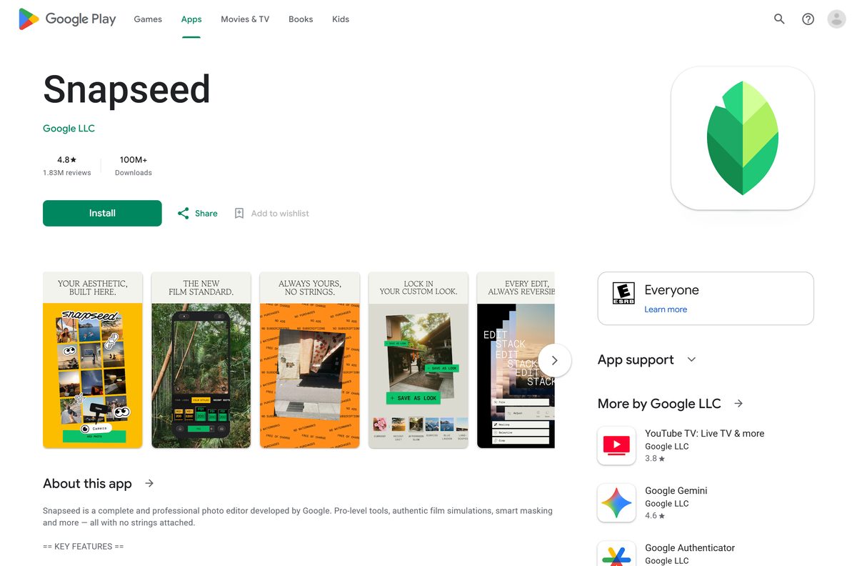 Google Play listing for Snapseed with its rating and download count