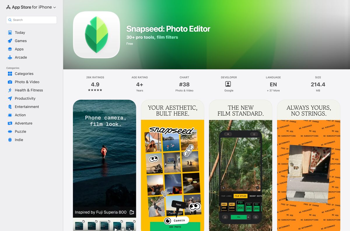 App Store listing for Snapseed with its size and age rating