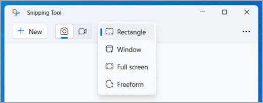 Snipping Tool mode menu open with Rectangle, Window, Full screen, Freeform