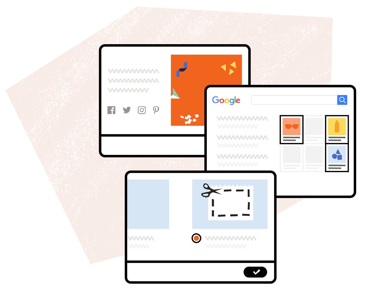 Social icons, a Google search result grid, and a coupon icon