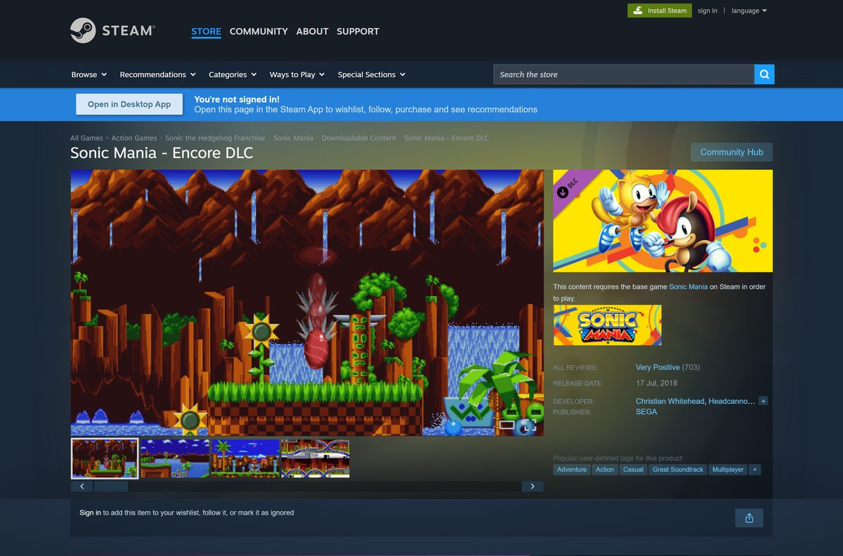 Steam page for the Sonic Mania Encore DLC and its content
