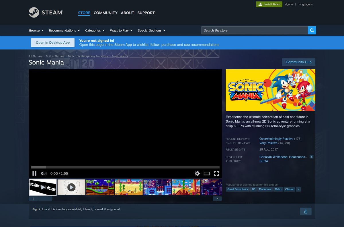 Steam store page for Sonic Mania with release date and reviews
