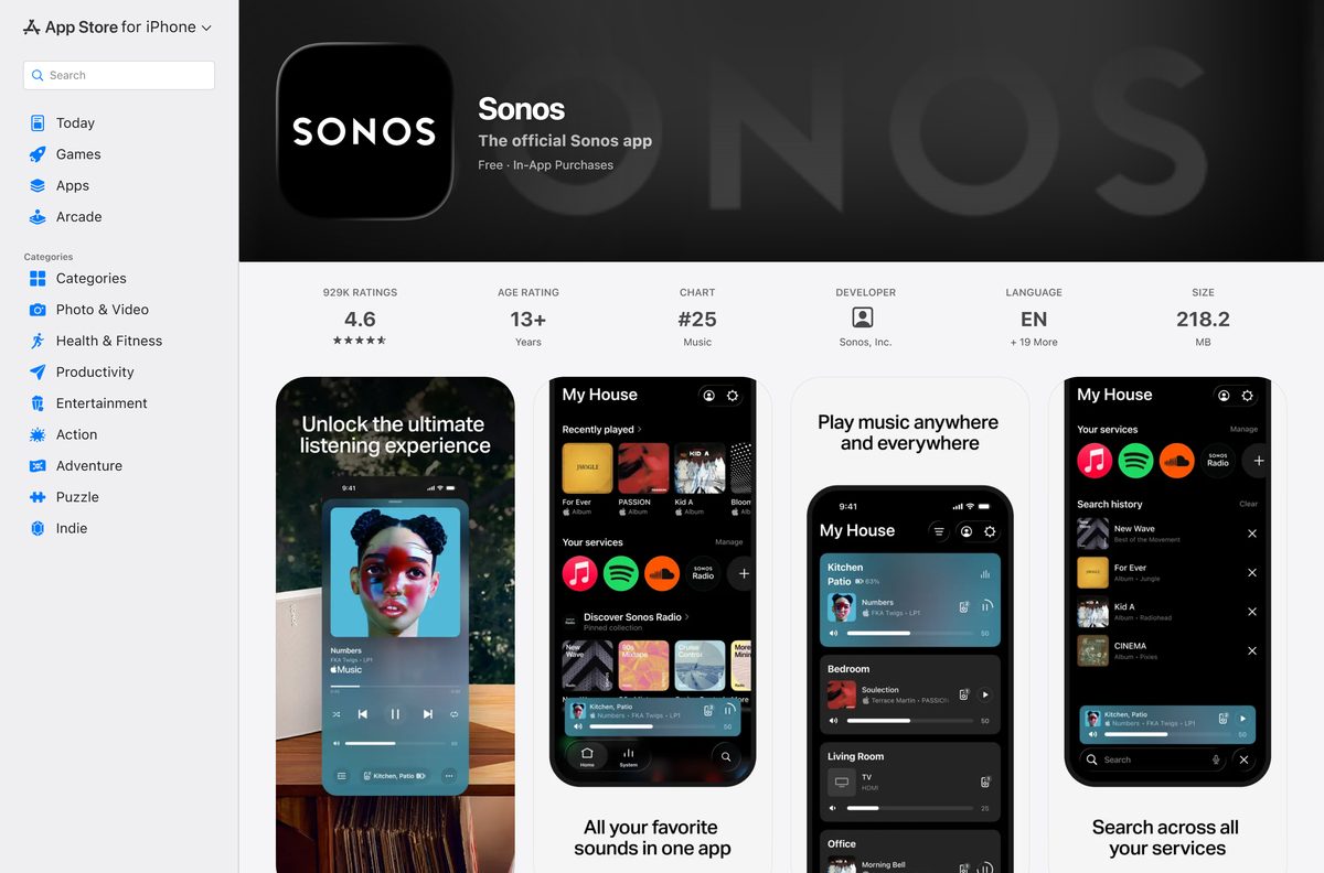 App Store listing for Sonos with price and rating