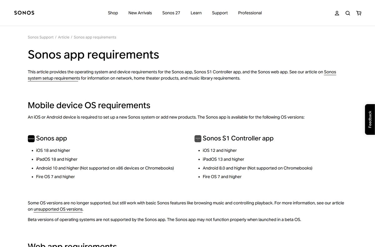 Sonos support article listing operating system requirements
