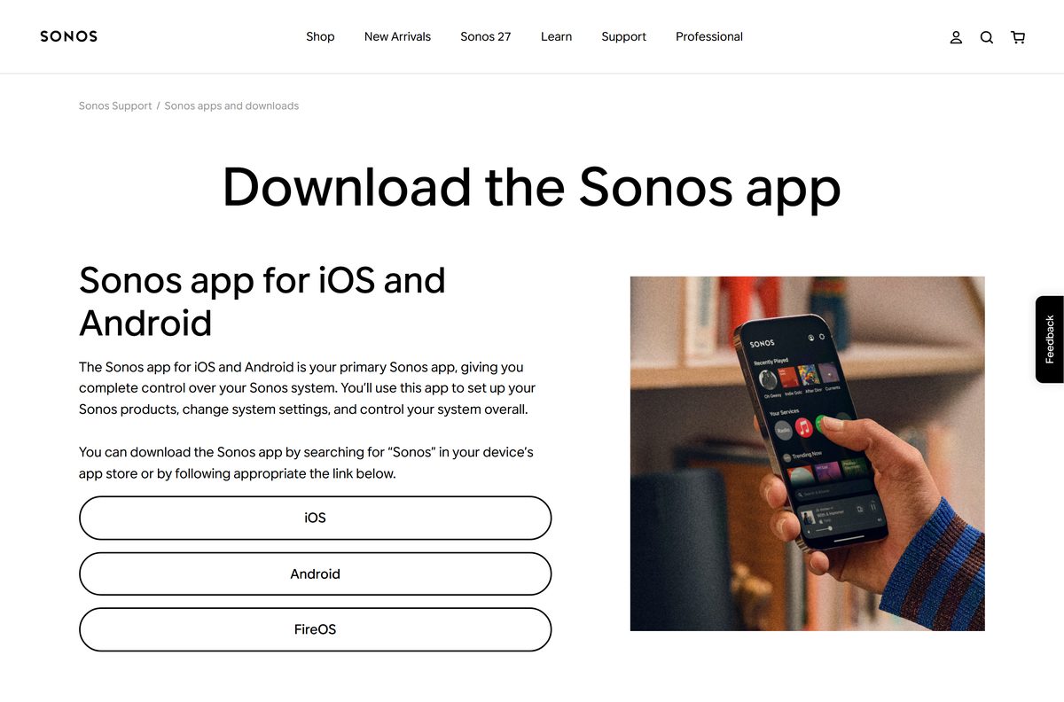Official Sonos downloads page with Windows and macOS links