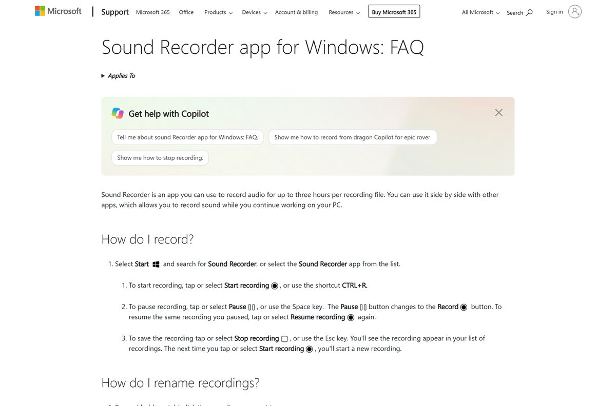 Microsoft support page listing recording shortcuts and microphone permission steps