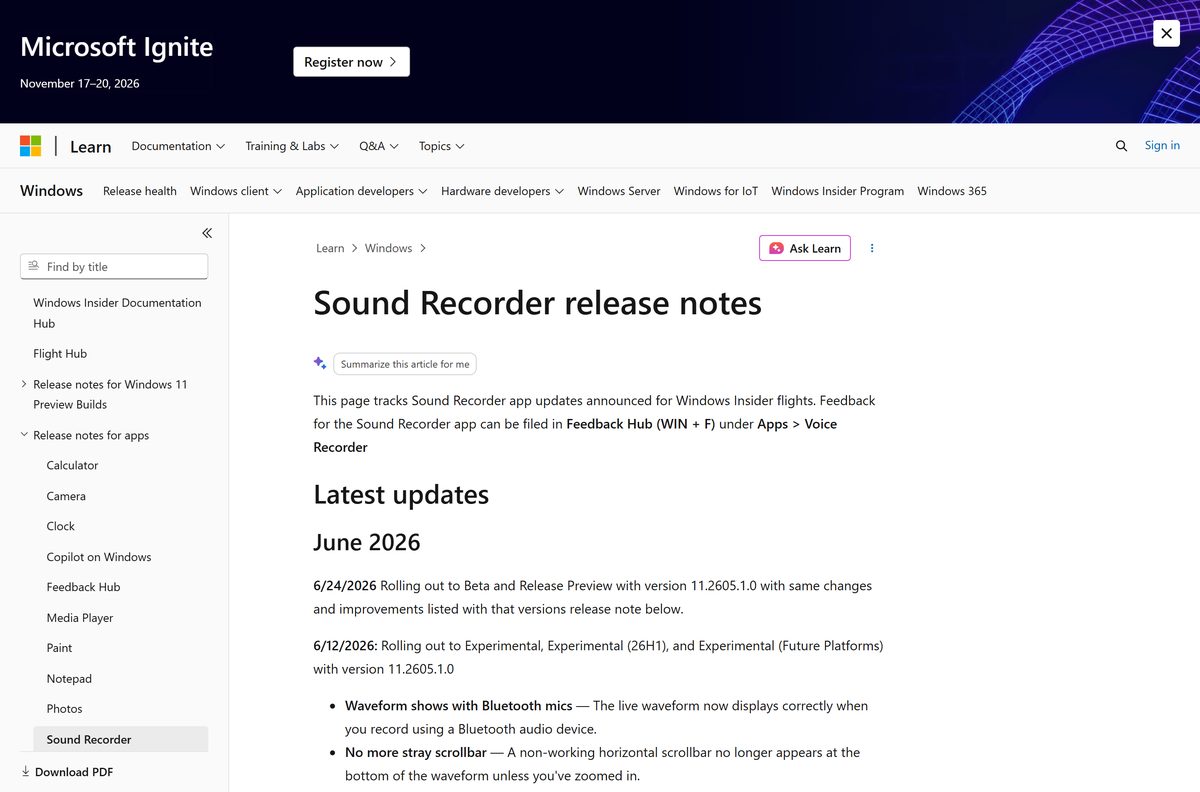 Microsoft Learn release notes listing recent fixes for the recorder app