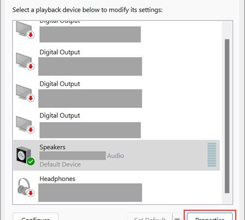 Sound dialog with the Playback tab open and Properties button highlighted