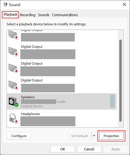 Sound dialog with the Playback tab open and Properties button highlighted