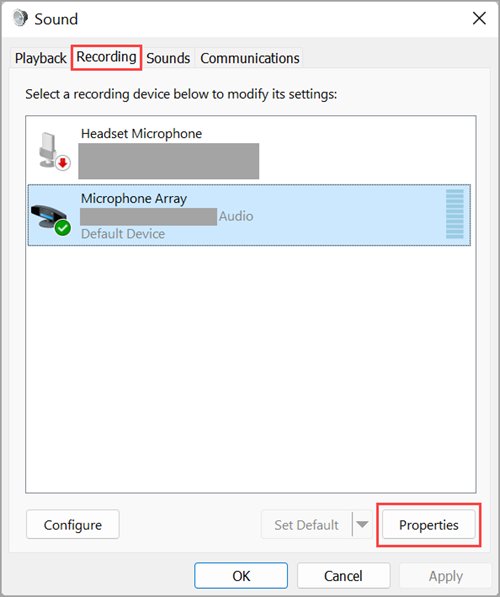 Sound dialog with the Recording tab selected showing microphone devices