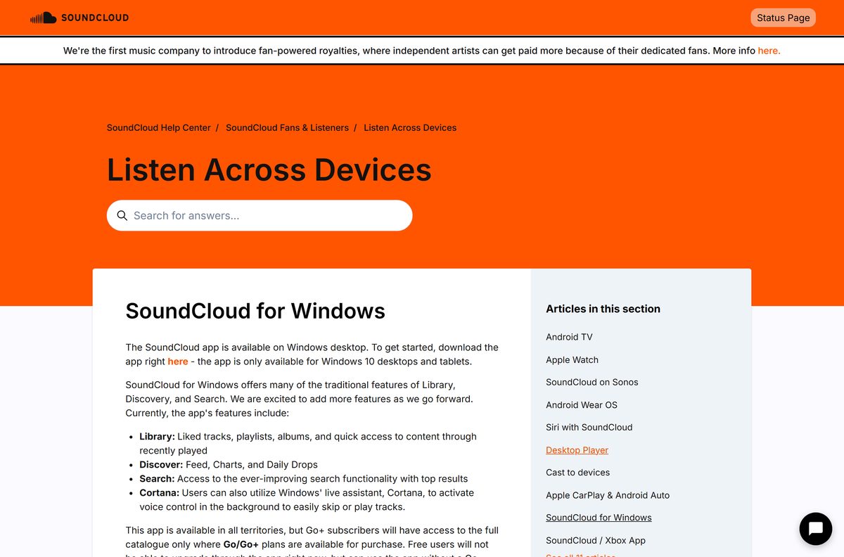 Help center article describing the SoundCloud app for Windows