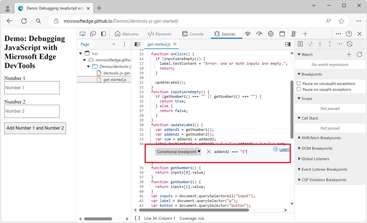Sources editor with a conditional breakpoint condition typed below the code line
