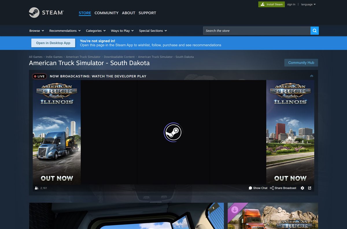 Steam page for the American Truck Simulator South Dakota expansion