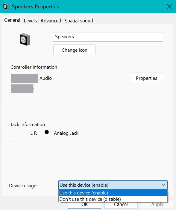 Speakers Properties dialog with Device usage dropdown open