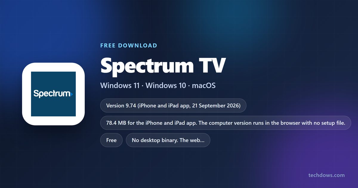Spectrum TV app logo with version, size and supported systems