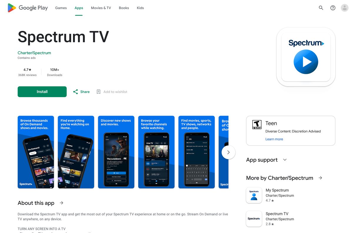 Google Play listing for Spectrum TV with the developer line