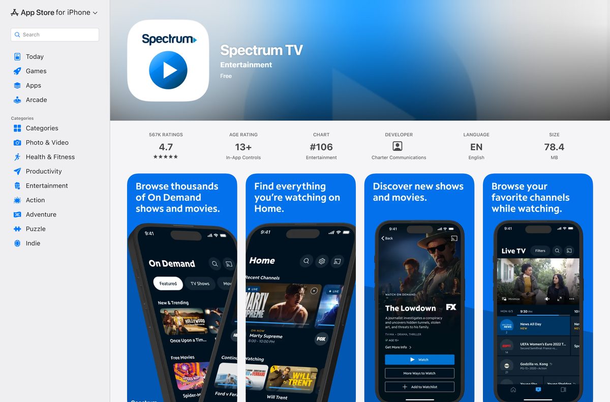 App Store listing for Spectrum TV showing seller and size