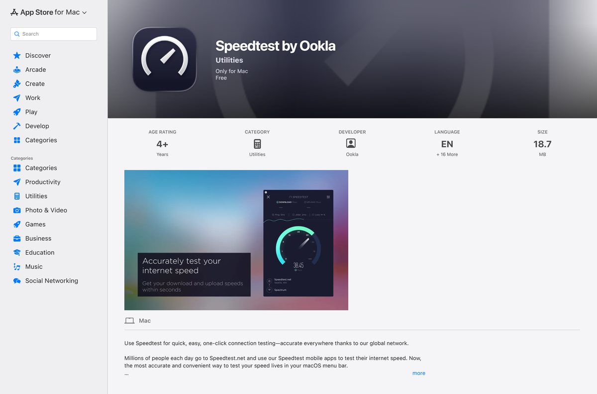 Mac App Store page for Speedtest showing size and compatibility