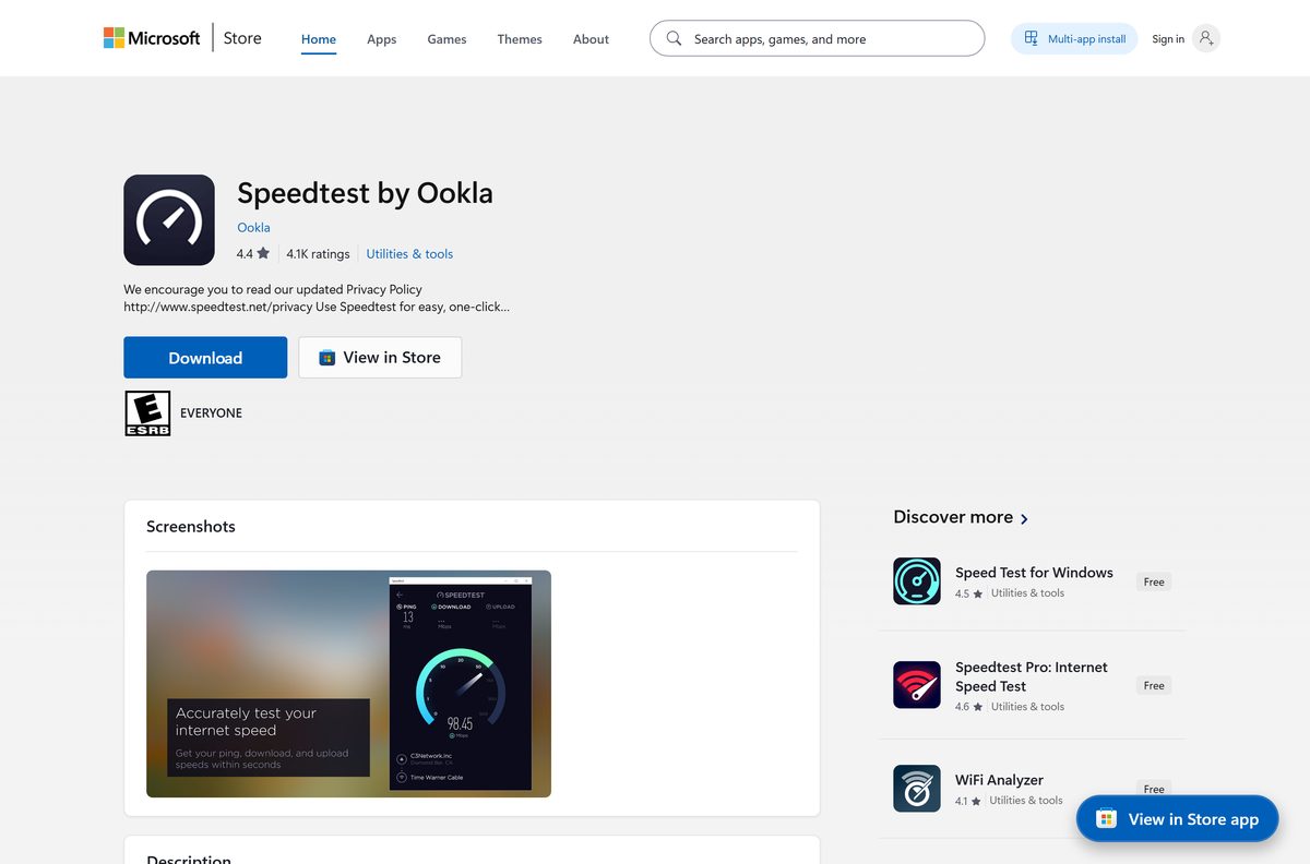 Microsoft Store listing for Speedtest with its publisher and rating