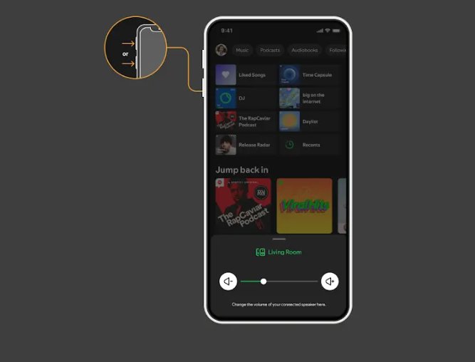 Spotify app home screen with a connected speaker's volume slider