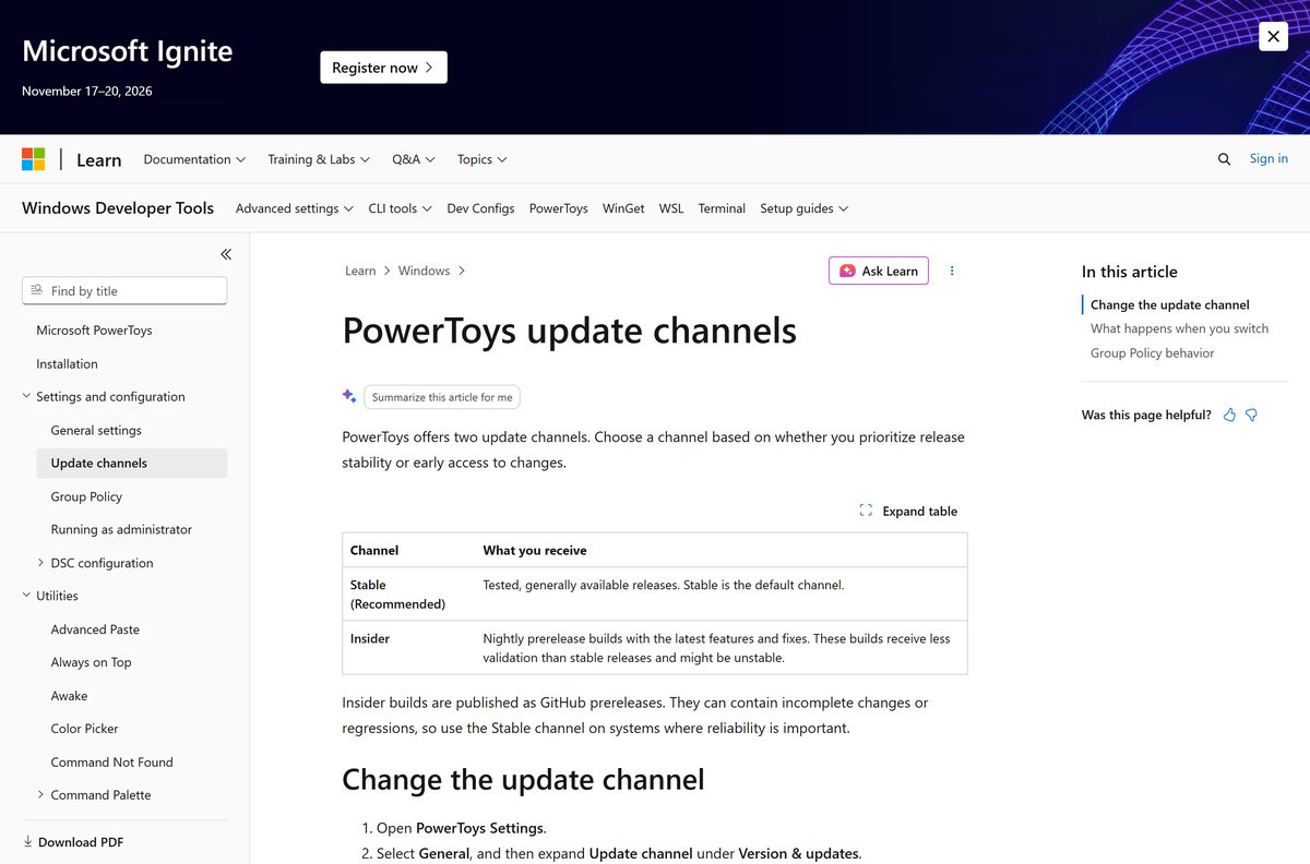 Documentation comparing the Stable and Insider update channels